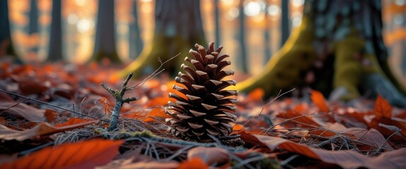 Poster - Pine cone surrounded by vibrant autumn leaves in a serene forest setting with soft focus on trees in the background.