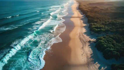 Poster - aerial view of tranquil ocean waves meeting a deserted sandy beach surrounded by lush greenery under