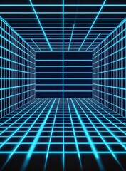 Poster - Abstract blue grid lines forming a digital room.