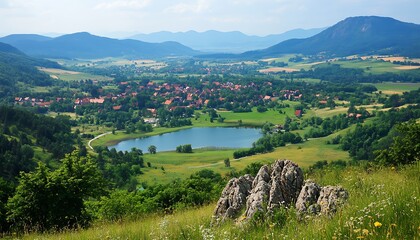 Wall Mural - Panoramic view of village nestled by lake, mountains background