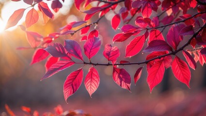 Poster - vibrant red and purple autumn leaves on a branch illuminated by warm sunlight showcasing the beauty 