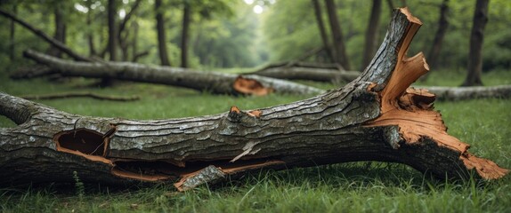 Poster - Closeup of a broken tree trunk on grass in a serene forest setting with ample space for text and nature's tranquility in the background