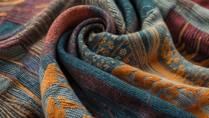 Poster - Vibrant woven textile fabric showcasing intricate patterns and rich colors folded elegantly for design and fashion backgrounds