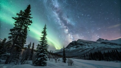winter wonderland northern lights milky way mountain night sky