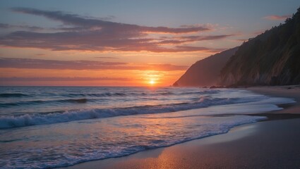 Poster - tranquil coastal sunset over sandy beach with gentle waves and cliffs in the background ideal for re