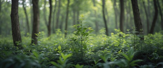 Poster - Lush green forest with selective focus on plants creating a serene and tranquil natural environment.