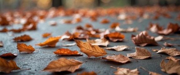 Poster - Autumn scene featuring a carpet of fallen dry leaves in warm earthy tones on a blurred background creating a tranquil atmosphere.