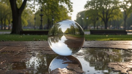 Poster - Crystal ball reflecting serene park scene with trees and water on the ground, capturing nature's beauty and tranquility in the morning light