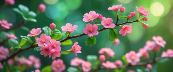 Poster - Branch of delicate pink flowers with lush green foliage in a soft blurred background creating a serene natural atmosphere.