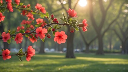 Poster - Soft sunlight illuminating a vibrant red flowering branch in a serene park with ample space for text or branding.