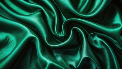 Sticker - Elegant dark green satin fabric with wavy folds showcasing luxurious texture and rich color ideal for backgrounds and design concepts.