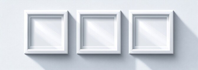 Wall Mural - Three white frames on wall, sunlight, mockup