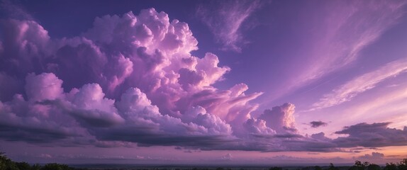 Poster - Majestic purple clouds illuminated by sunset creating an enchanting sky panorama ideal for wallpapers and nature-themed projects.