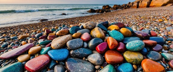 Poster - vibrant arrangement of smooth colorful stones on a serene beach with gentle waves and rocky shorelin