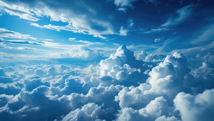 Wall Mural - Aerial perspective showcasing a vibrant blue sky filled with fluffy white clouds under natural sunlight.