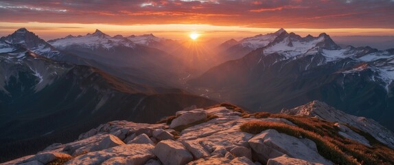 Wall Mural - majestic mountain landscape at sunset showcasing vibrant colors and dramatic peaks under a breathtak