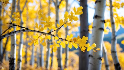 Poster - Aspen branch adorned with vibrant yellow leaves showcasing autumn beauty in a sunlit forest background.