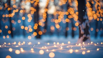 Poster - Winter holiday bokeh lights illuminating a snowy landscape creating a warm and festive atmosphere for seasonal celebrations.