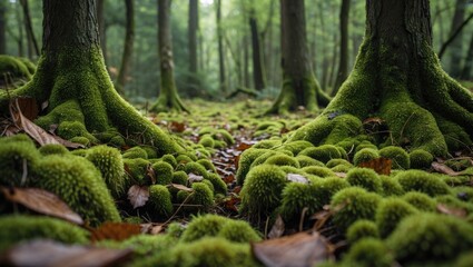 Poster - Lush moss-covered forest floor in a serene environment showcasing verdant textures and vibrant greenery under tall trees.