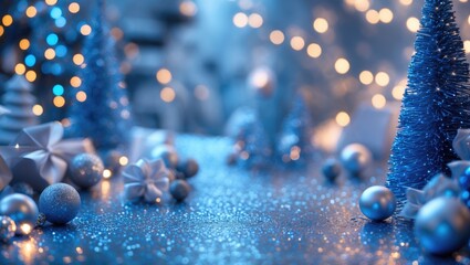 Poster - Blue Christmas backdrop featuring sparkling decorations, miniature trees, and soft bokeh lights for a festive and vibrant holiday atmosphere.