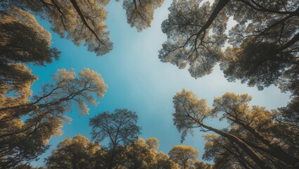 Poster - Looking Up Through Tree Canopy Against Blue Sky With Empty Space For Text And Design Elements