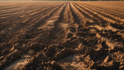 Poster - Expansive agricultural field with furrows and rich soil ready for planting at sunset in a serene rural landscape