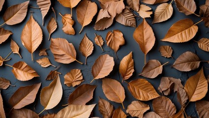 Poster - Brown dry leaves flat lay texture in nature pattern ideal for creative projects home decor and artistic advertising backgrounds.