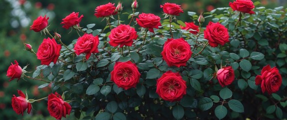 Wall Mural - Lush bush of vibrant red roses in full bloom during summer, creating a picturesque floral garden backdrop for design and decoration.