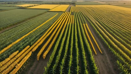Poster - Aerial View of Lush Corn Fields with Vibrant Green and Yellow Rows Under Soft Morning Light