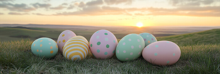 Wall Mural - colorful easter eggs in green grass at sunset