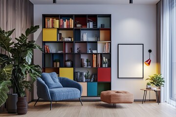 Wall Mural - Modern living room, colorful bookshelf, armchair, mock-up poster, plants