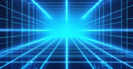 Poster - A futuristic grid, glowing faintly with soft blue neon light, stretches into the distance, creating a sense of infinite depth and motion