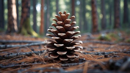Poster - A single pine cone resting on a forest floor surrounded by pine needles and tall trees conveying tranquility and natural beauty.