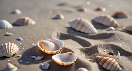 Poster - close-up of sandy beach featuring scattered seashells and a footprint showcasing nature's intricate 