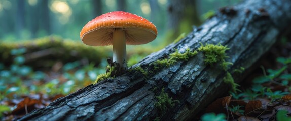 Poster - Vibrant red mushroom growing on an aged, moss-covered tree trunk in a serene forest environment showcasing nature's beauty.