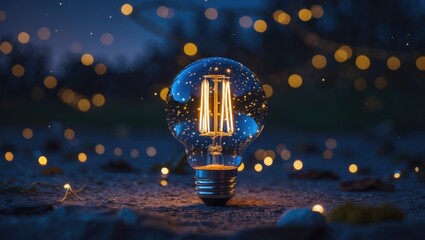Poster - A glowing vintage light bulb surrounded by twinkling fairy lights against a dark night backdrop creating a magical ambiance.