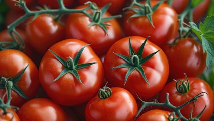 Wall Mural - Vibrant Close Up of Fresh Red Tomatoes with Green Stems Highlighting Their Freshness and Nutrition for Culinary and Healthy Living Themes