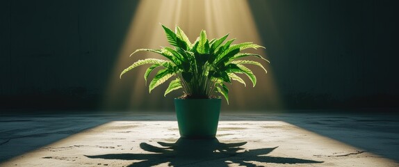 Poster - vibrant green plant in a sunlit spot casting shadows on a concrete floor with dramatic lighting and 