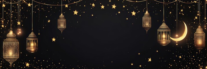 Poster - Festive lanterns, stars, moon on dark background.