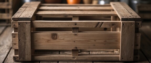 Poster - Close up of a rustic wooden crate showcasing craftsmanship and natural wood texture ideal for storage or decorative purposes.