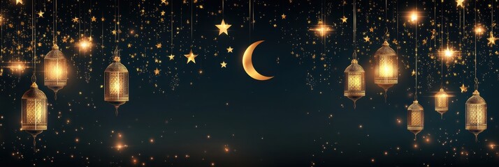 Poster - Festive night scene with glowing lanterns, stars, and crescent moon.