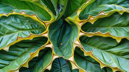 Poster - Close-up view of a vibrant green papaya leaf showcasing intricate textures and sharp, jagged edges highlighting its natural beauty.