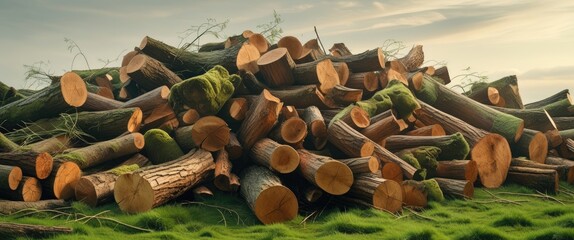 Poster - Pile of cut tree trunks stacked on lush green grass under a serene sky showcasing natural timber resources in an outdoor setting.