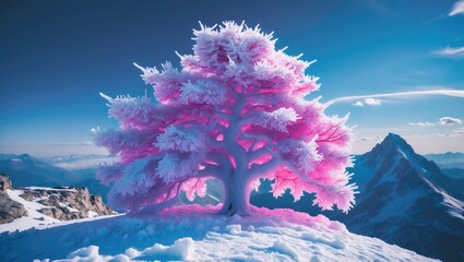 Sticker - Frozen pink tree atop a majestic mountain surrounded by a breathtaking winter landscape and clear blue skies.