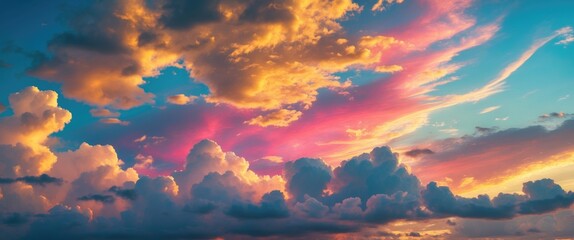 Wall Mural - vibrant sunset sky featuring golden, pink, and blue hues with fluffy clouds creating a stunning twil
