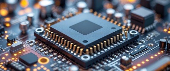 Poster - Close-up of a microchip with intricate electrical components on a circuit board showcasing detailed technology and blurred background.