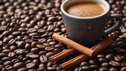 Wall Mural - Cup of coffee with cinnamon sticks on a bed of coffee beans showcasing rich textures and warm color tones in a closeup composition