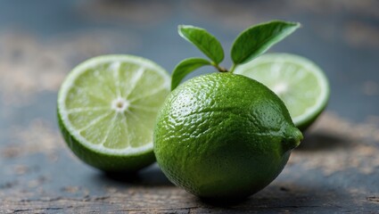 Wall Mural - Fresh Limes with Cut Halves Showcasing Juicy Green Citrus Fruit on Rustic Wooden Surface