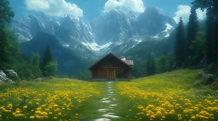 Wall Mural - Alpine chalet, sunny meadow, mountains, wildflowers