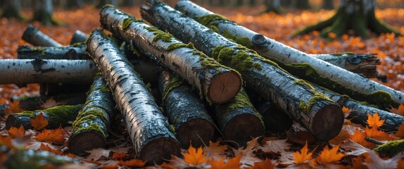 Poster - Moss-covered birch logs stacked in an autumn park surrounded by colorful fallen leaves creating a serene natural scene.
